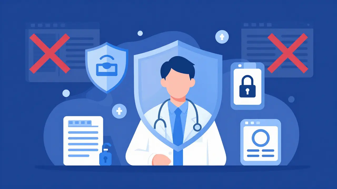 Illustration of safe online prescription process with security shields and doctor icons