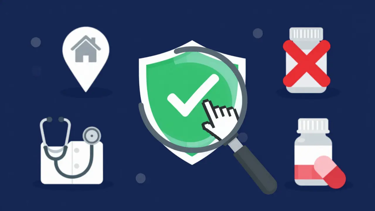 Magnifying glass checking pharmacy safety seals and legitimacy