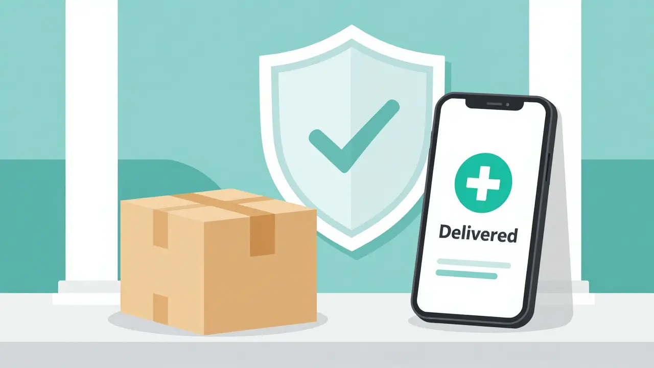 Medication package delivered to doorstep with safety shield icon