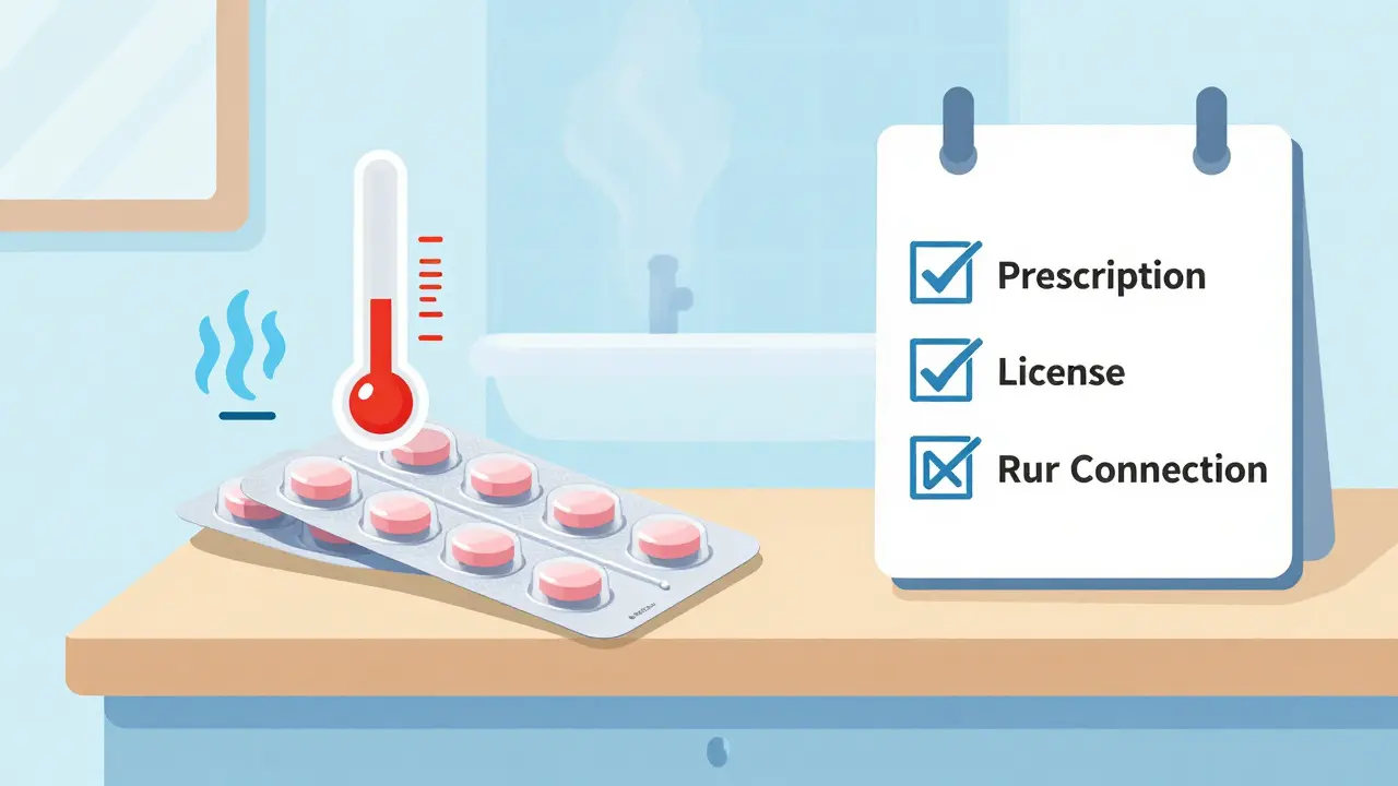 Medication stored safely away from heat with verification checklist