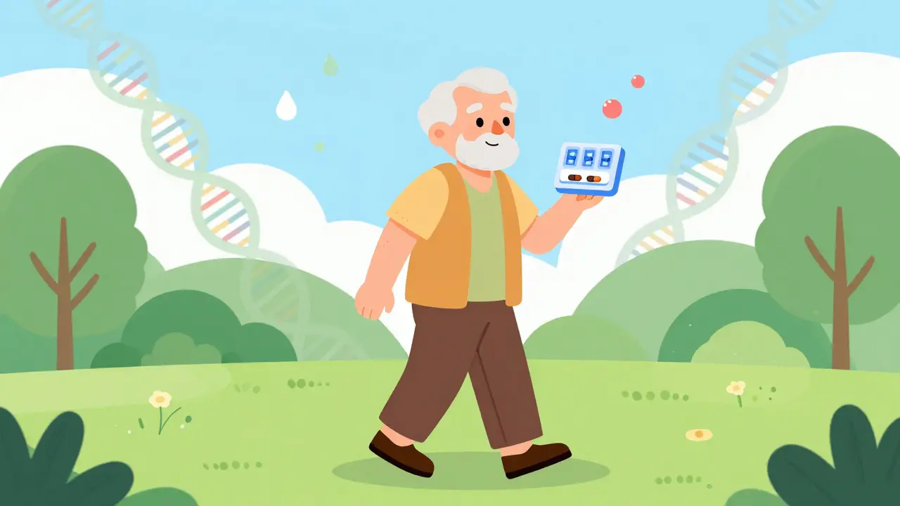 Senior walking happily with simplified pill organizer and DNA symbols