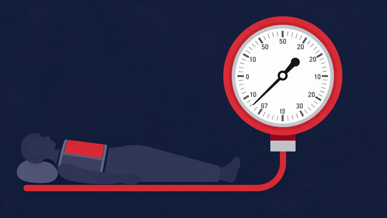 Silhouette of sleeper connected to maxed-out blood pressure gauge