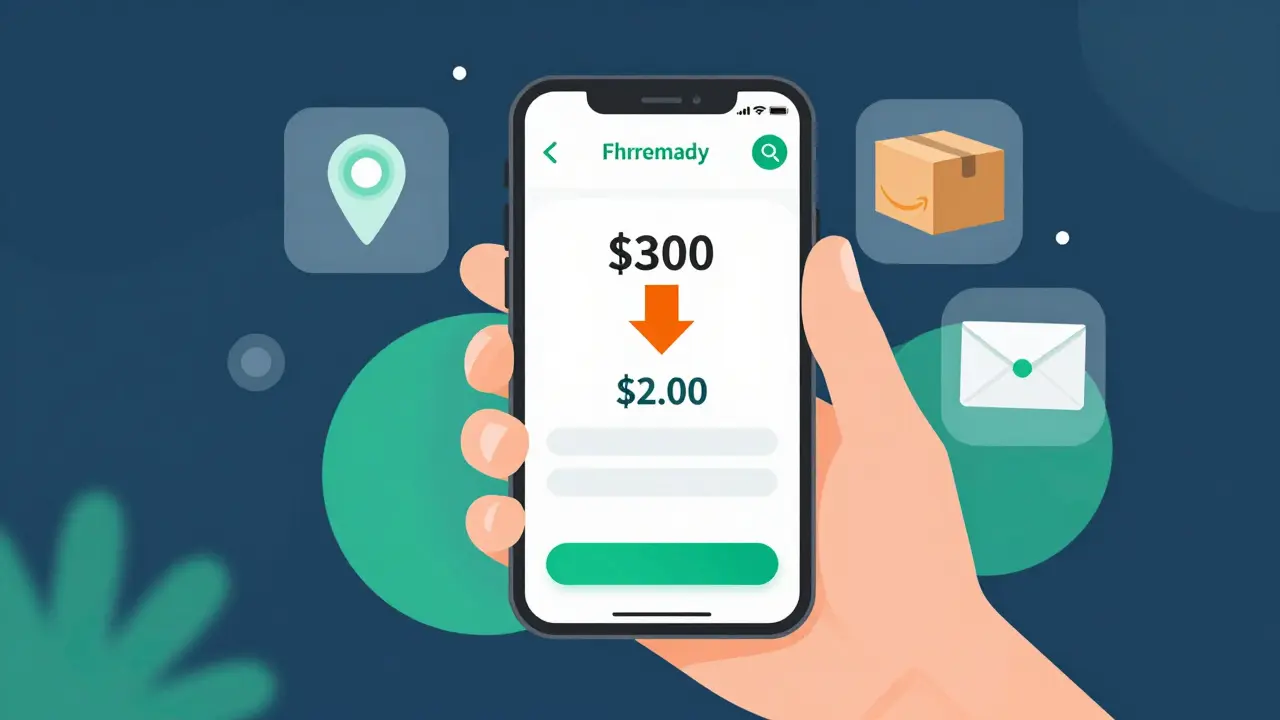 Smartphone showing prescription discount app saving money on meds