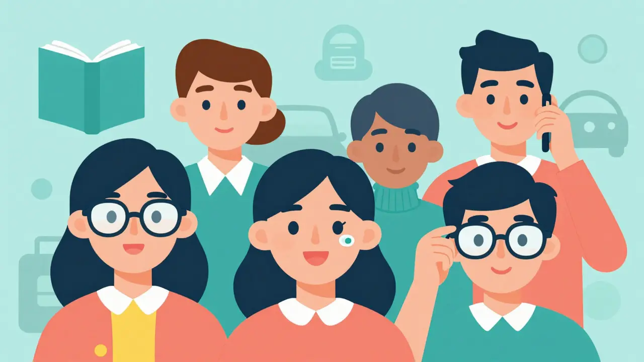 Cartoon characters wearing glasses and contacts, surrounded by icons of daily activities