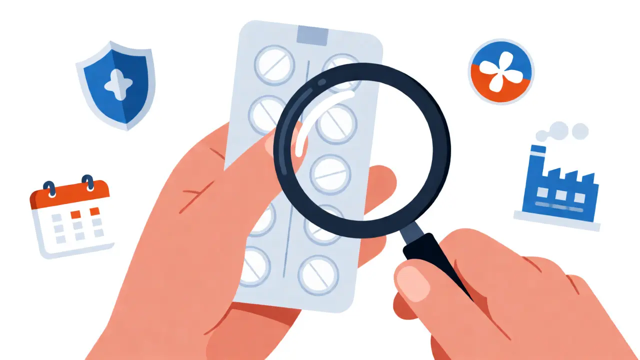 Close-up illustration of inspecting a blister pack of medication for authenticity and seals.