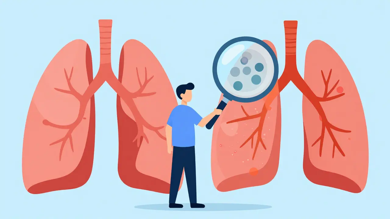 Comparison of healthy versus inflamed lung airways with a person observing details