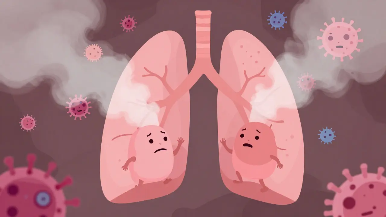 Conceptual art showing weakened lung immune cells struggling against viruses in haze