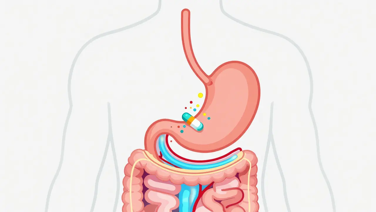 Conceptual diagram showing drug absorption differences in the bloodstream