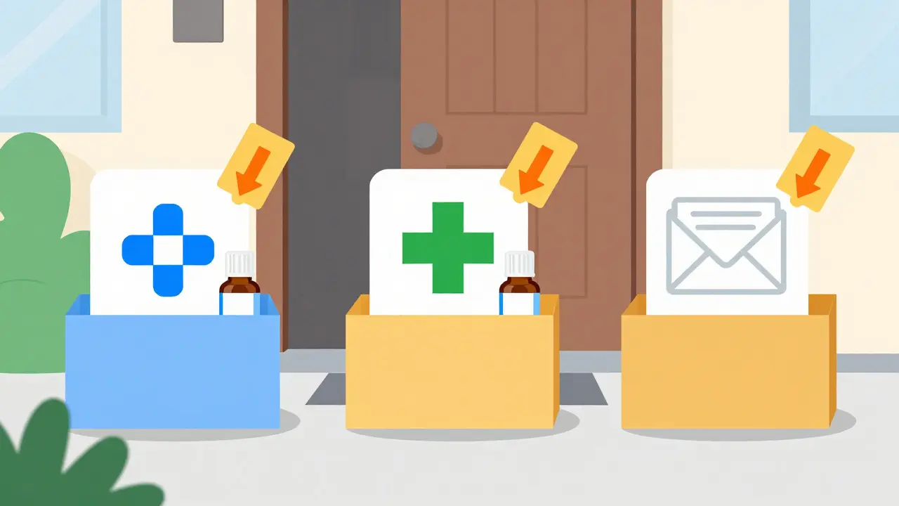 Delivery boxes from different online pharmacies containing eye drop bottles
