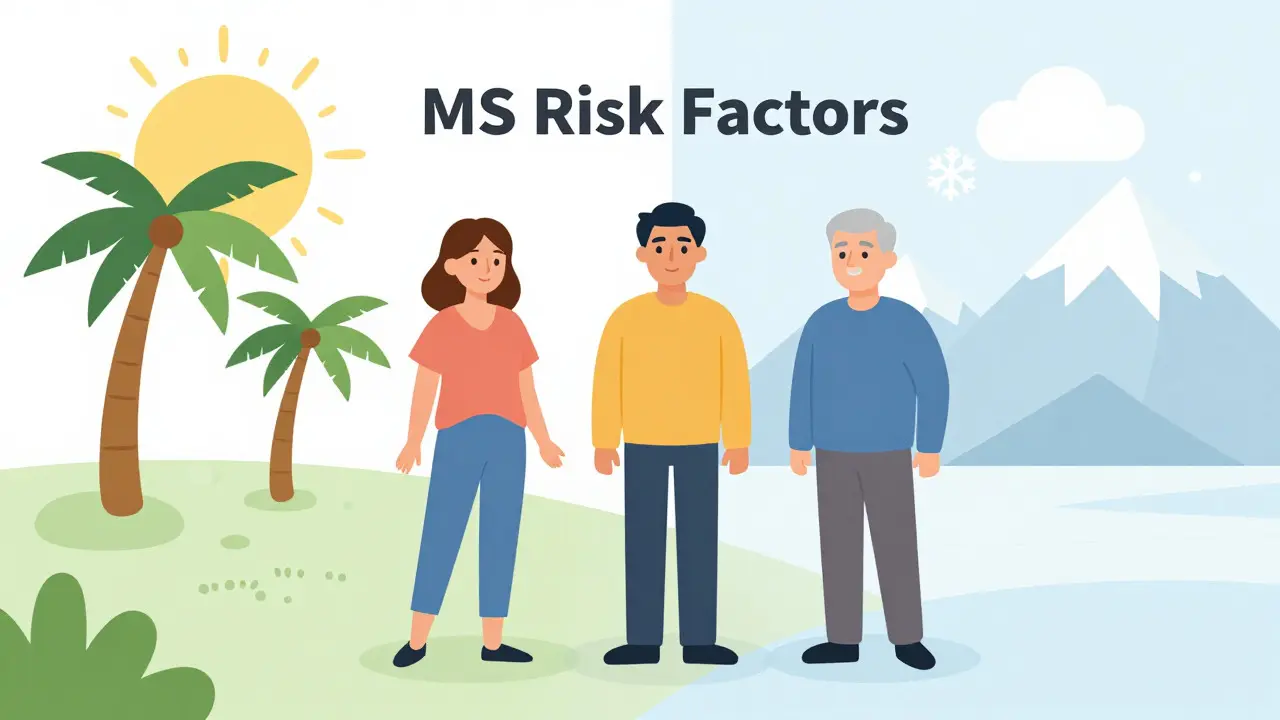 Flat art showing people in different climates representing MS risk factors