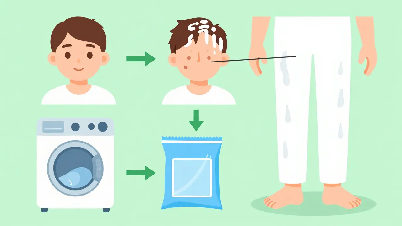 Guide showing proper application of scabies treatment cream