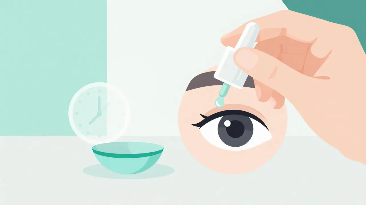 Hand applying eye drops while contact lenses are removed