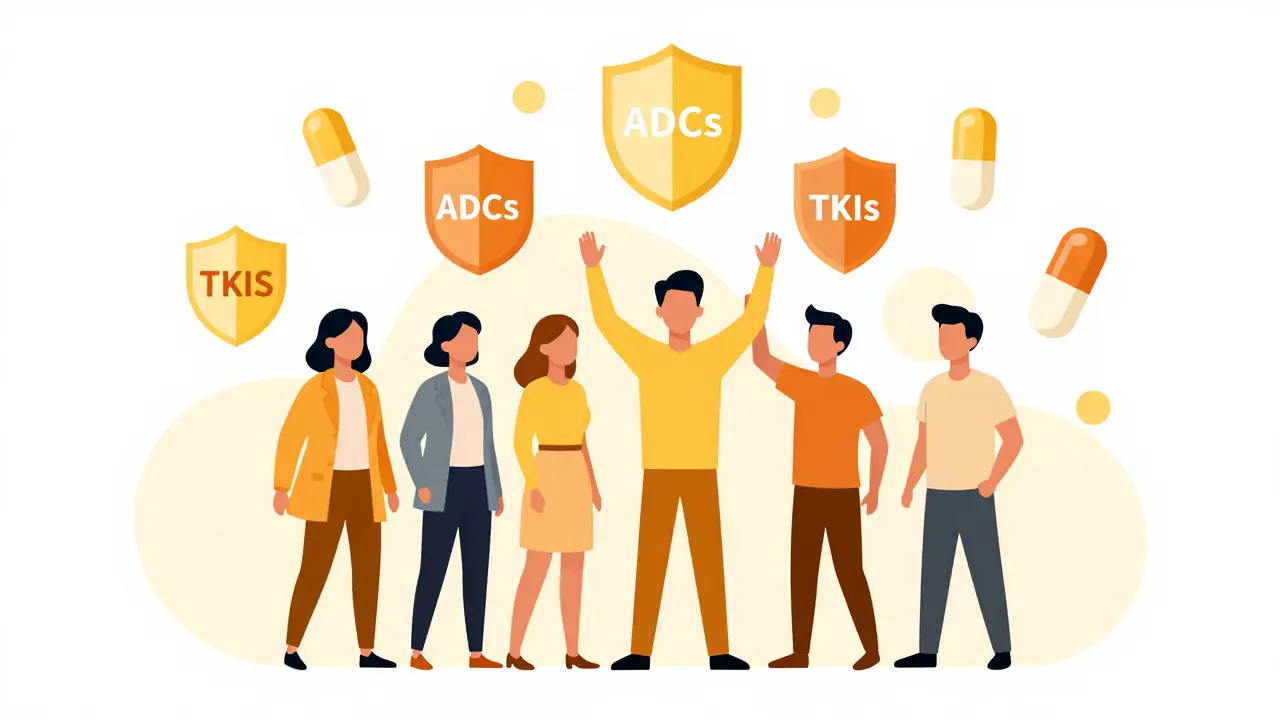 Hopeful illustration showing diverse patients and various drug therapies