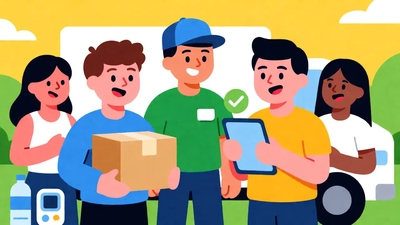 Illustration of happy customers receiving their delivered diabetes medication from an online pharmacy.