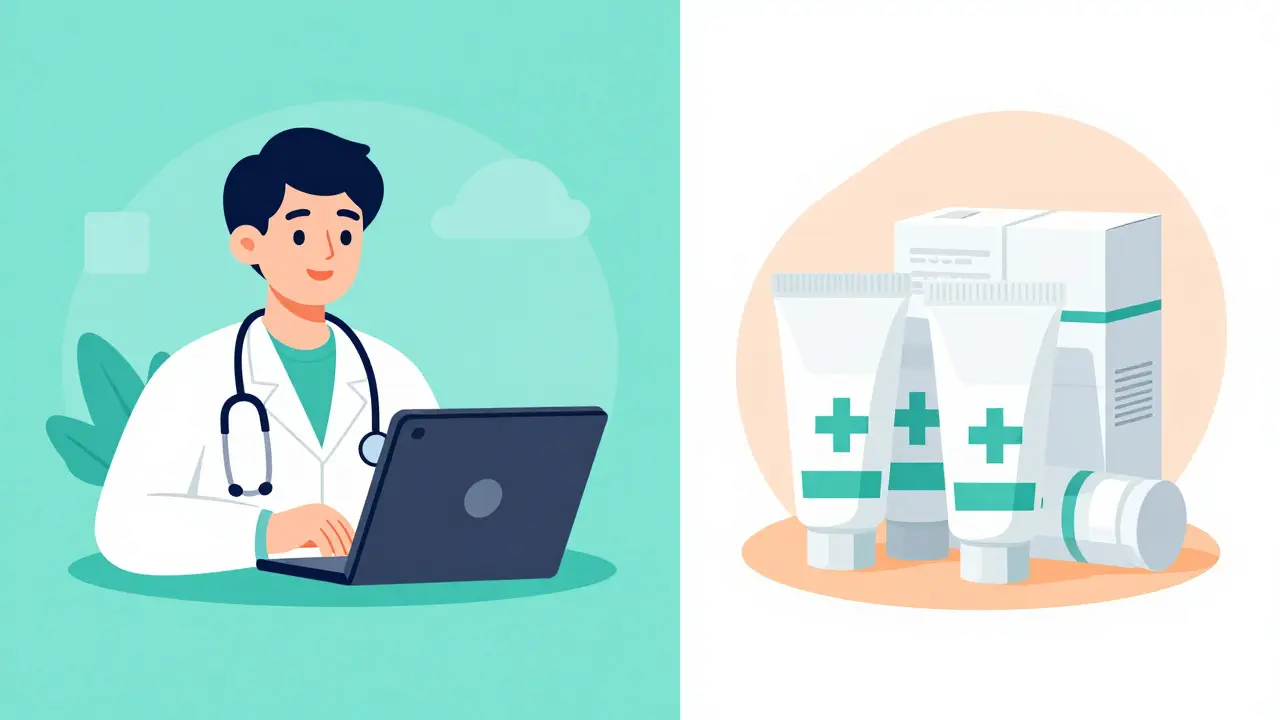 Illustration of online pharmacy options and cream tubes