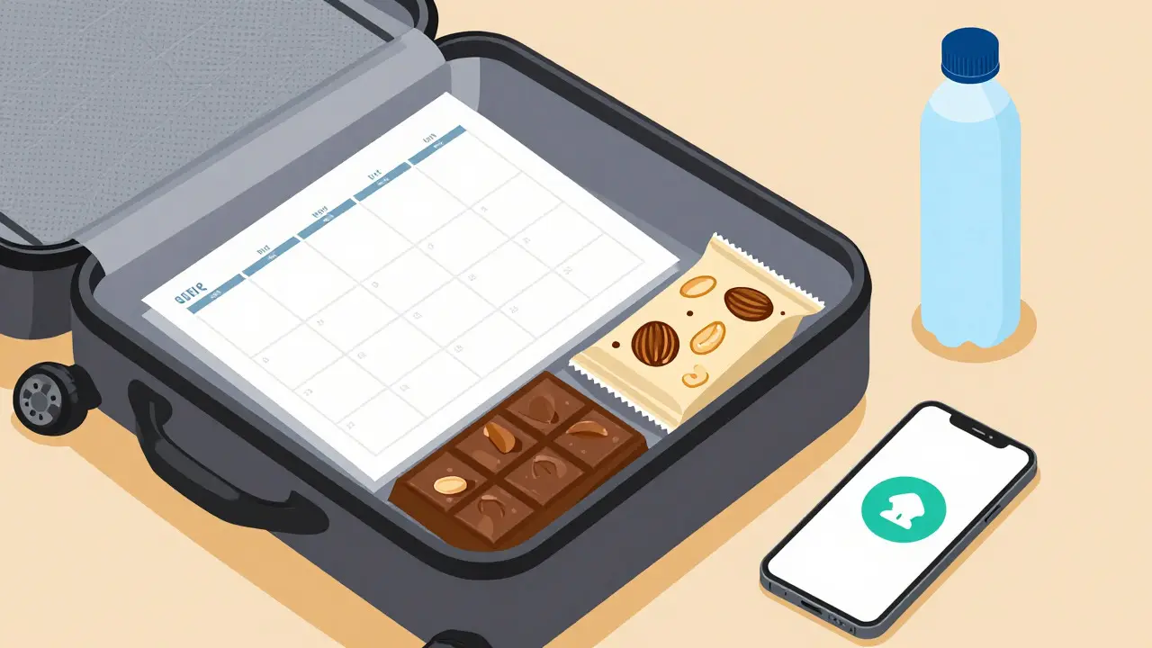Open travel bag with printed schedule, snacks, and water bottle for medication prep