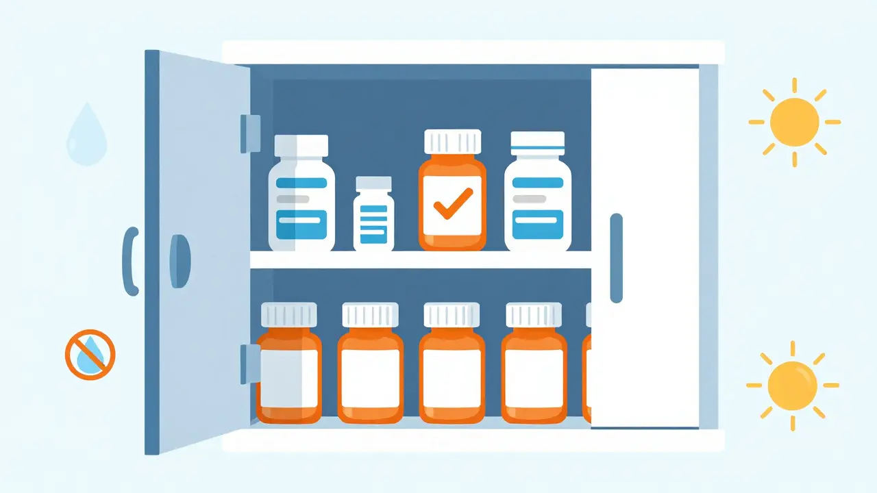 Organized medicine cabinet illustrating safe storage practices