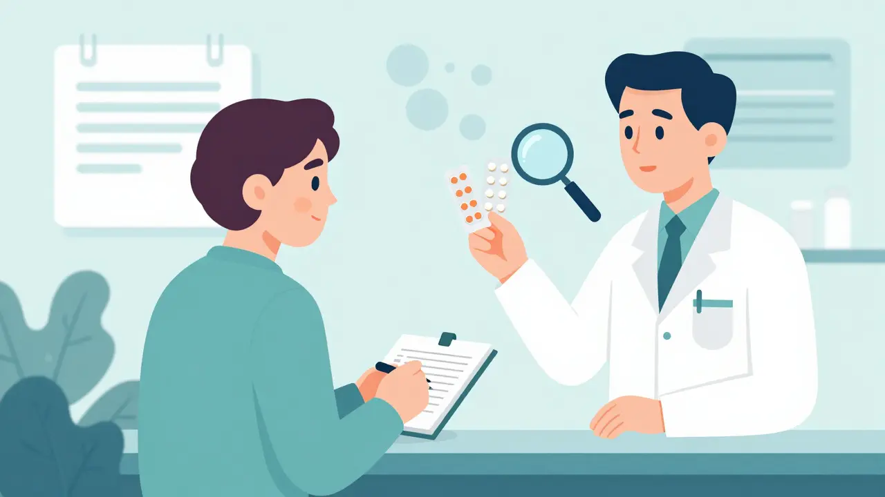 Patient and pharmacist reviewing medication labels together at a counter