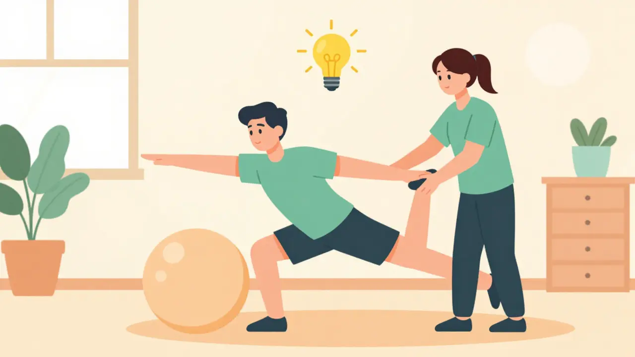 Patient performing balance exercises with a therapist in a clinic