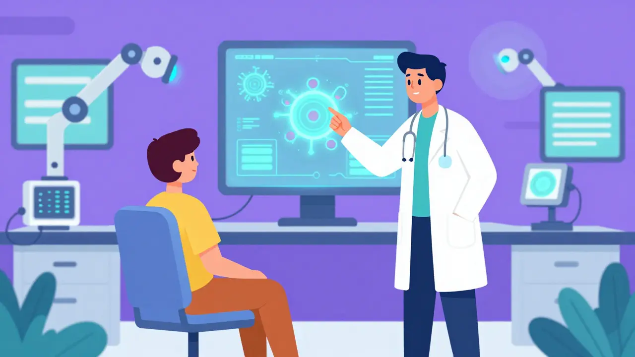 Scientist analyzing data in a lab while a patient monitors treatment