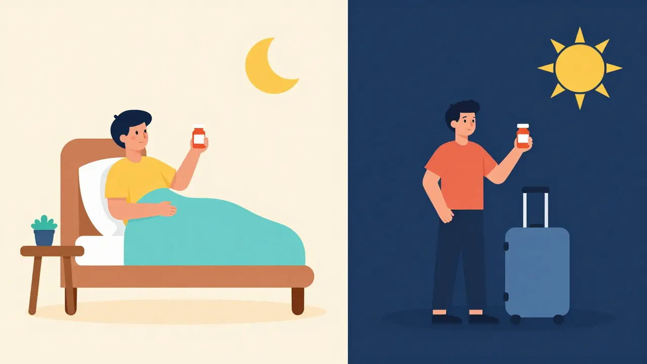 Split illustration of travelers adjusting sleep schedules for east and west flights