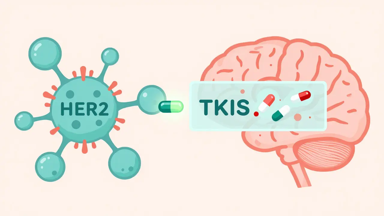 Visual metaphor of ADCs delivering toxins and TKIs crossing barriers